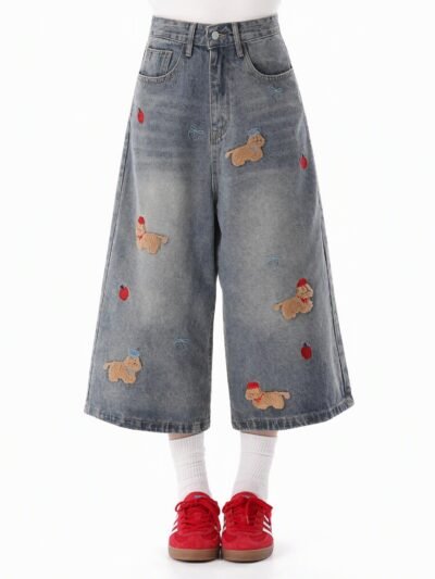 Cute Dog Embroidered High Waist 7/8 Wide Leg Denim Jeans