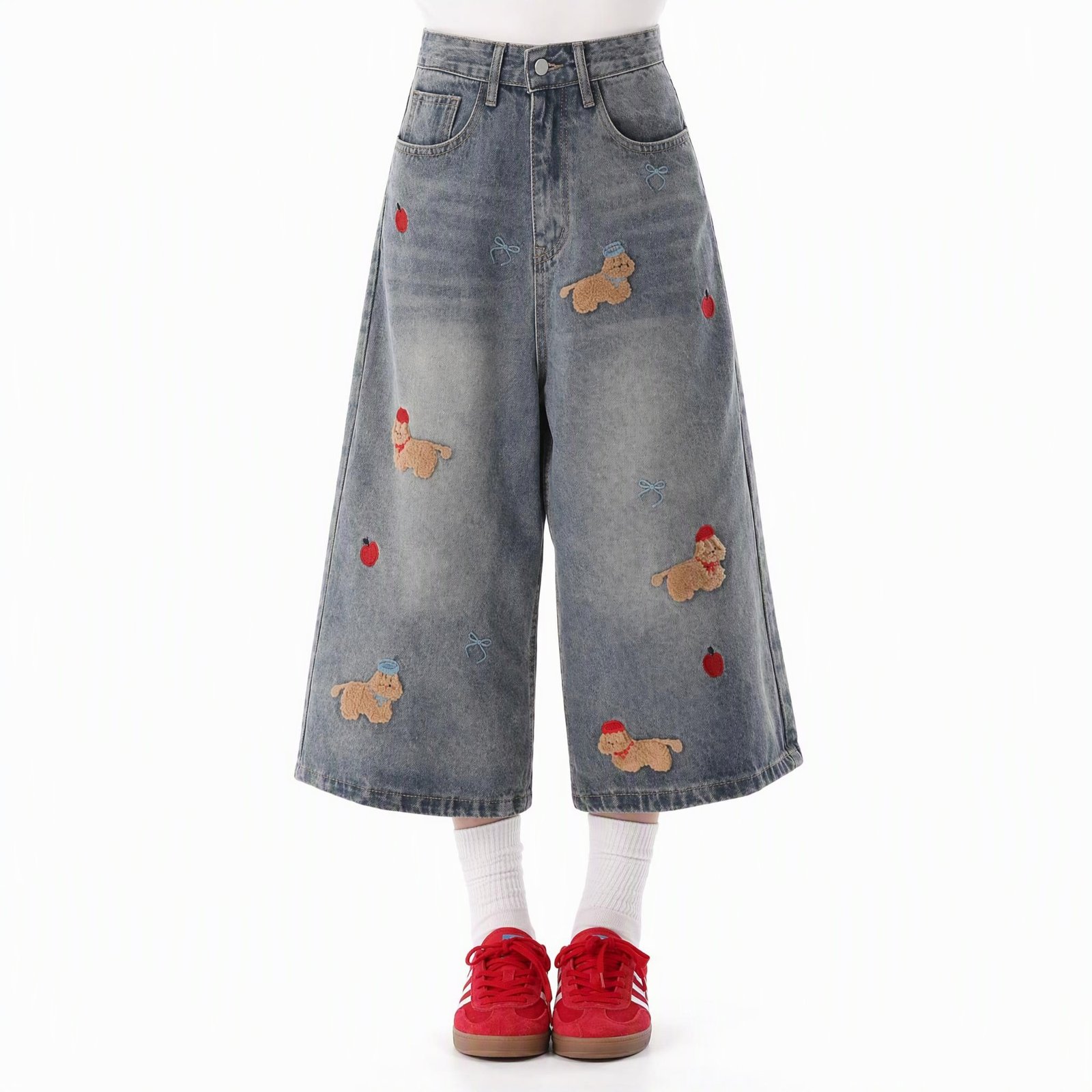 Cute Dog Embroidered High Waist 7/8 Wide Leg Denim Jeans