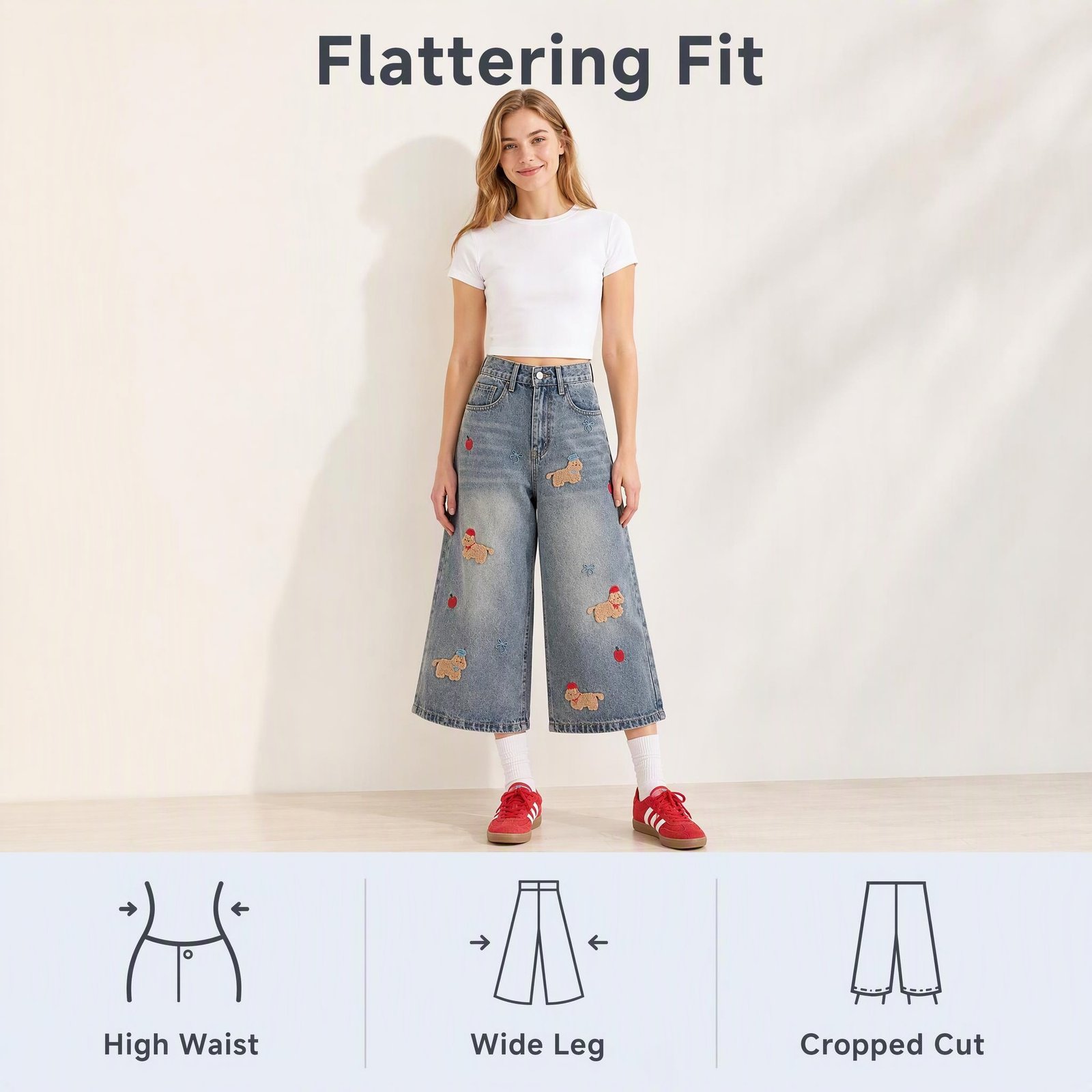 Cute Dog Embroidered High Waist 7/8 Wide Leg Denim Jeans - Image 6