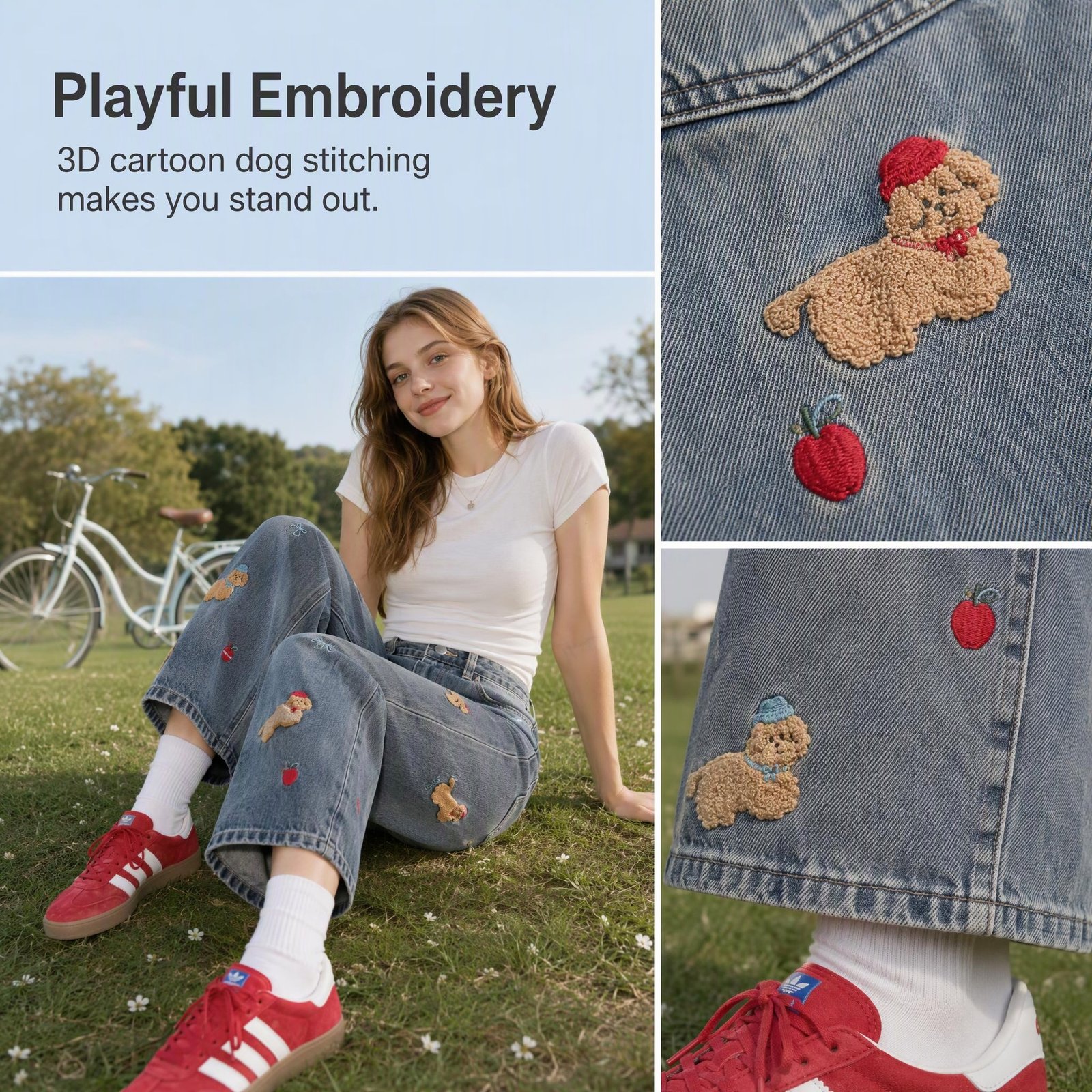 Cute Dog Embroidered High Waist 7/8 Wide Leg Denim Jeans - Image 4