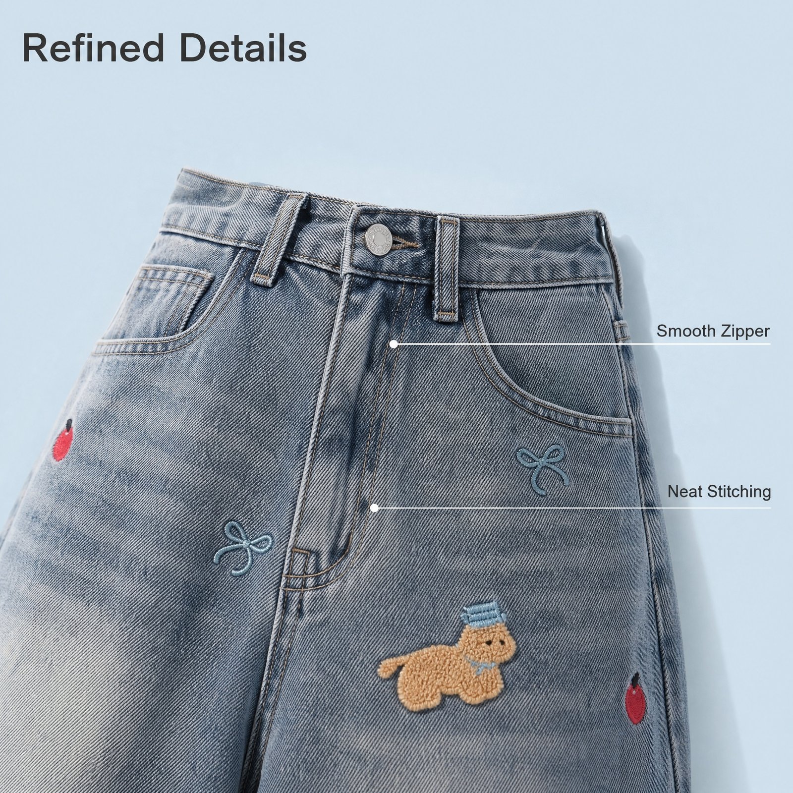 Cute Dog Embroidered High Waist 7/8 Wide Leg Denim Jeans - Image 3