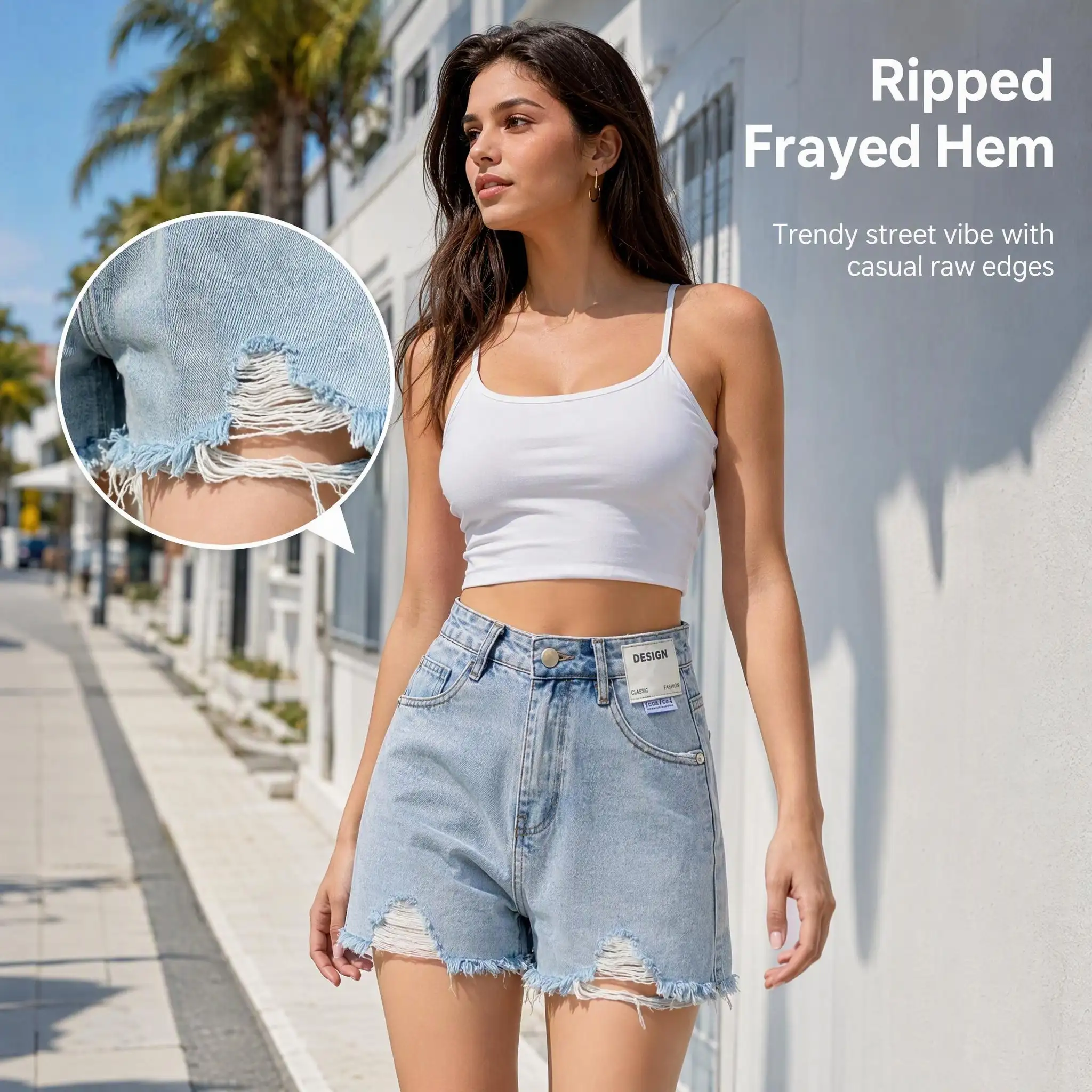Women's High Waist Light Blue Ripped Denim Shorts - Image 5
