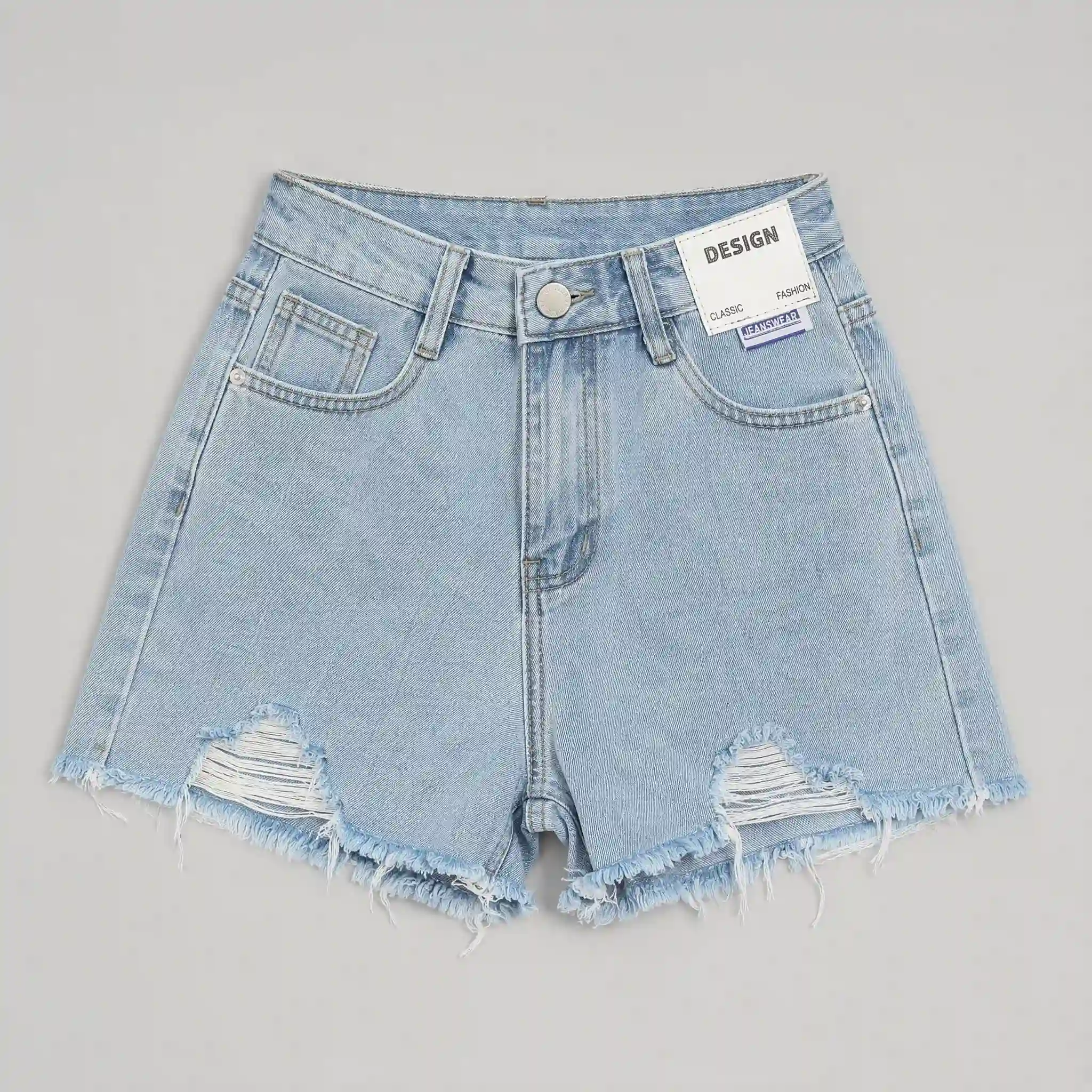 Women's High Waist Light Blue Ripped Denim Shorts - Image 3