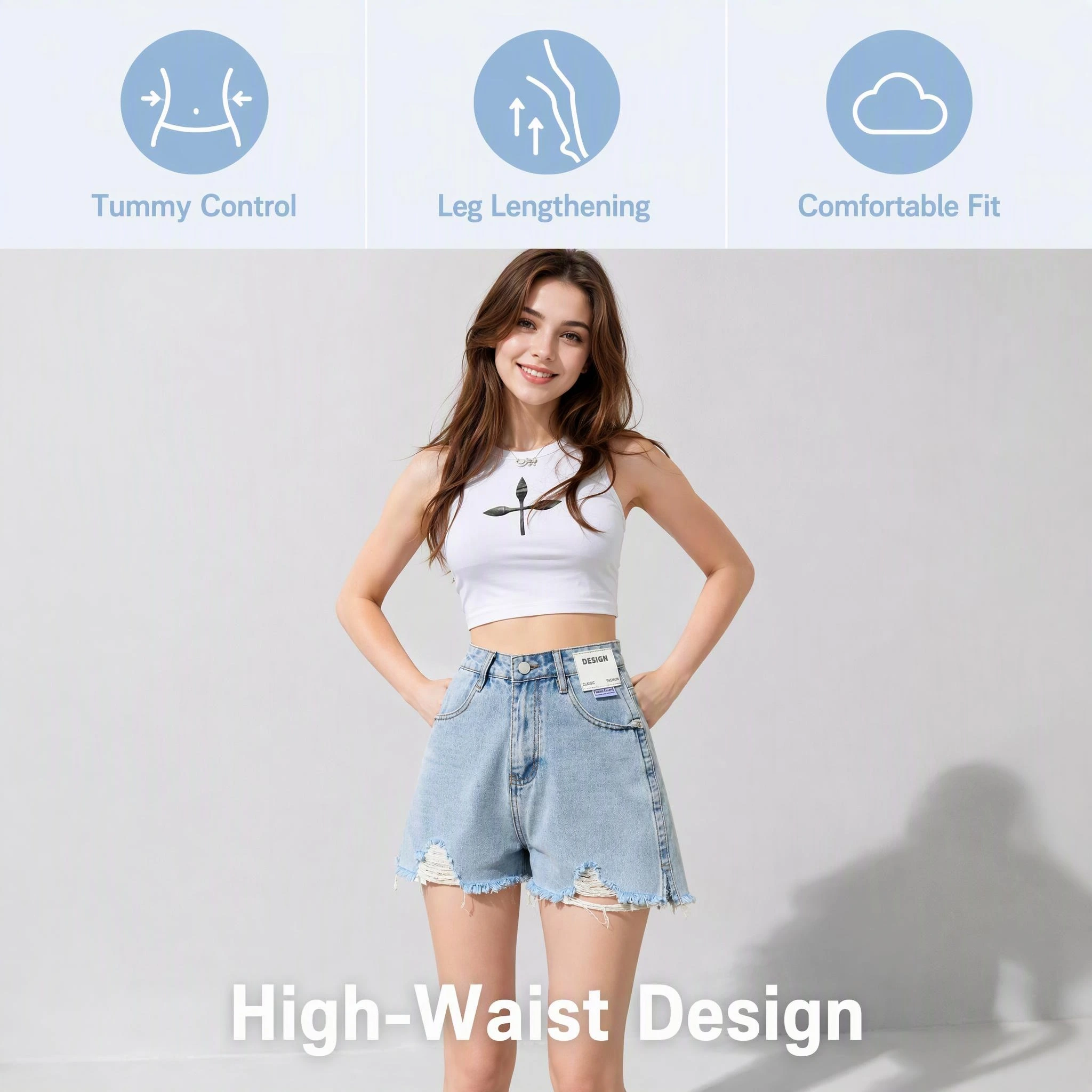 Women's High Waist Light Blue Ripped Denim Shorts - Image 6