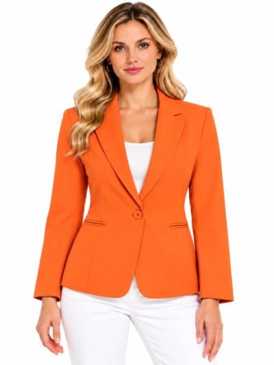 Women’s Elegant Orange Polyester Blazer With Collar Long Regular Sleeves And Button Details Perfect For Fall Casual Or Office Wear - Orange Red