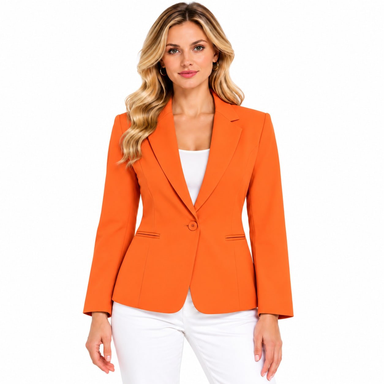 Women’s Elegant Orange Polyester Blazer With Collar Long Regular Sleeves And Button Details Perfect For Fall Casual Or Office Wear - Orange Red