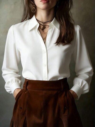 MIALILI Women’s Classic Long Sleeve Button Down Blouse - White
