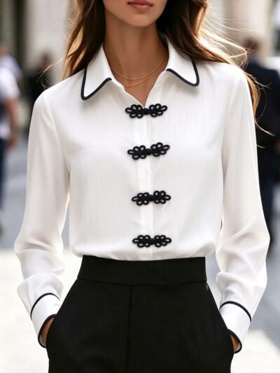 MIALILI Women’s Contrast Trim Frog Button Long Sleeve Blouse - Black and White