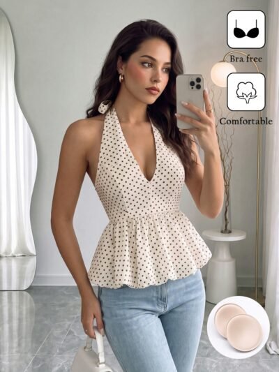 MIALILI Women’s Polka Dot Halter Neck Peplum Top with Built-In Cups - White