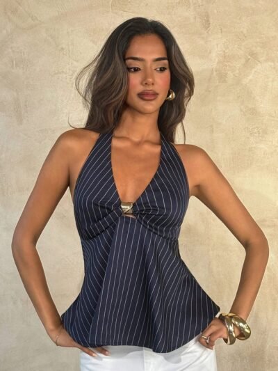 MIALILI Women’s Pinstripe Halter Neck Metal Accent Cinched Waist Top - Navy Blue