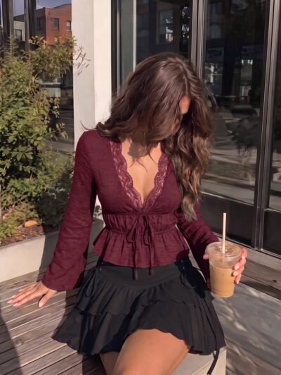 MIALILI Women’s Lace Trim Tie-Waist Bell Sleeve Peplum Blouse - Burgundy