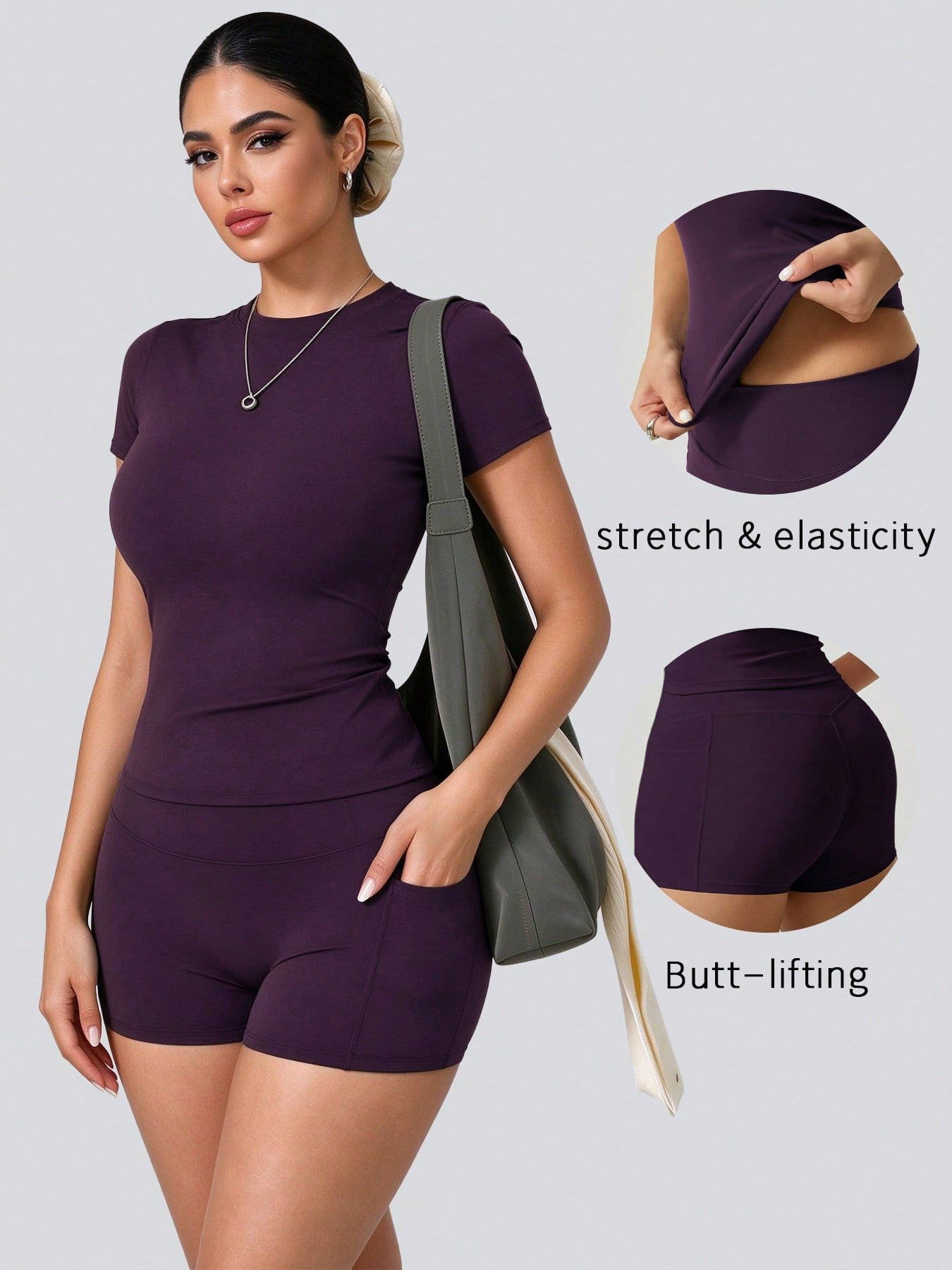 MIA&LILI Crew Neck T-Shirt & Pocket Sports Shorts Set - Bold Plum - Image 6