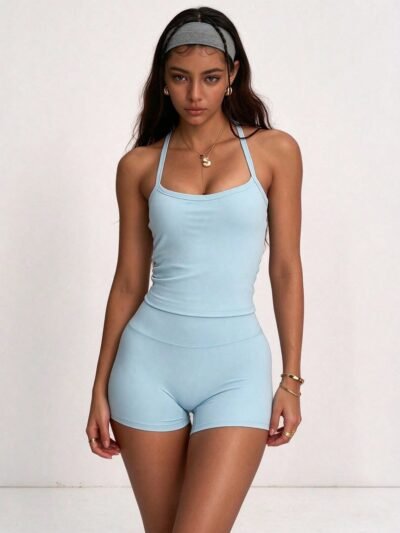 MIA&LILI Cross-Neck Crop Top & High-Waist Biker Shorts Set - Blue