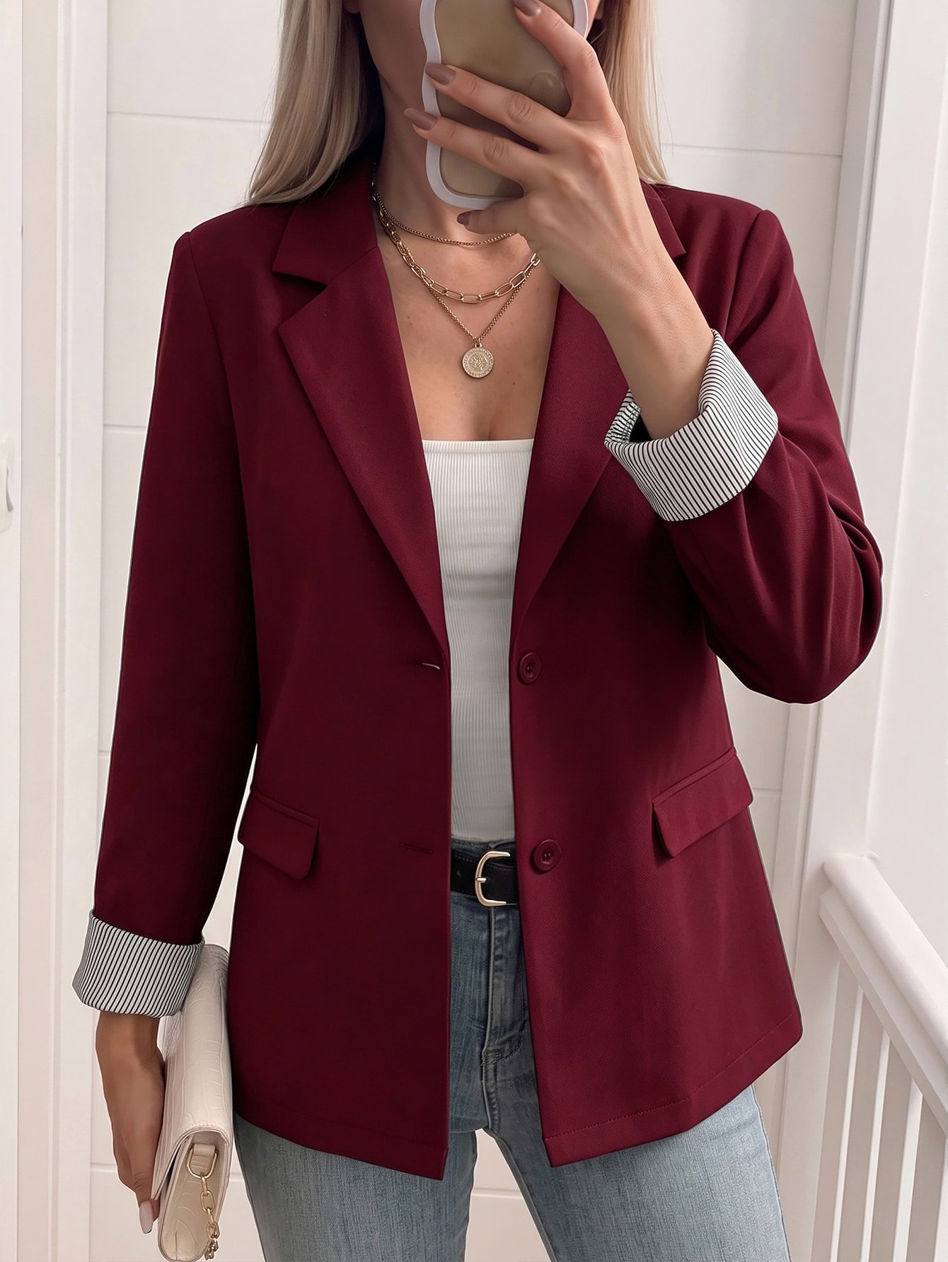 Eloum a Women’s Lapel Neck Long Sleeve Single Breasted Casual Blazer - Burgundy - Image 7
