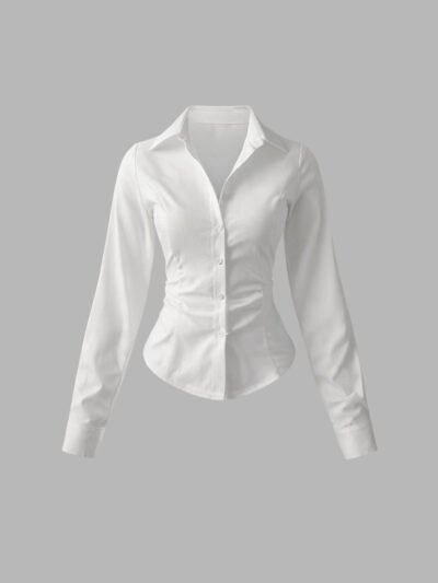 MIALILI Women’s Tailored Waist Button Down Long Sleeve Shirt - White