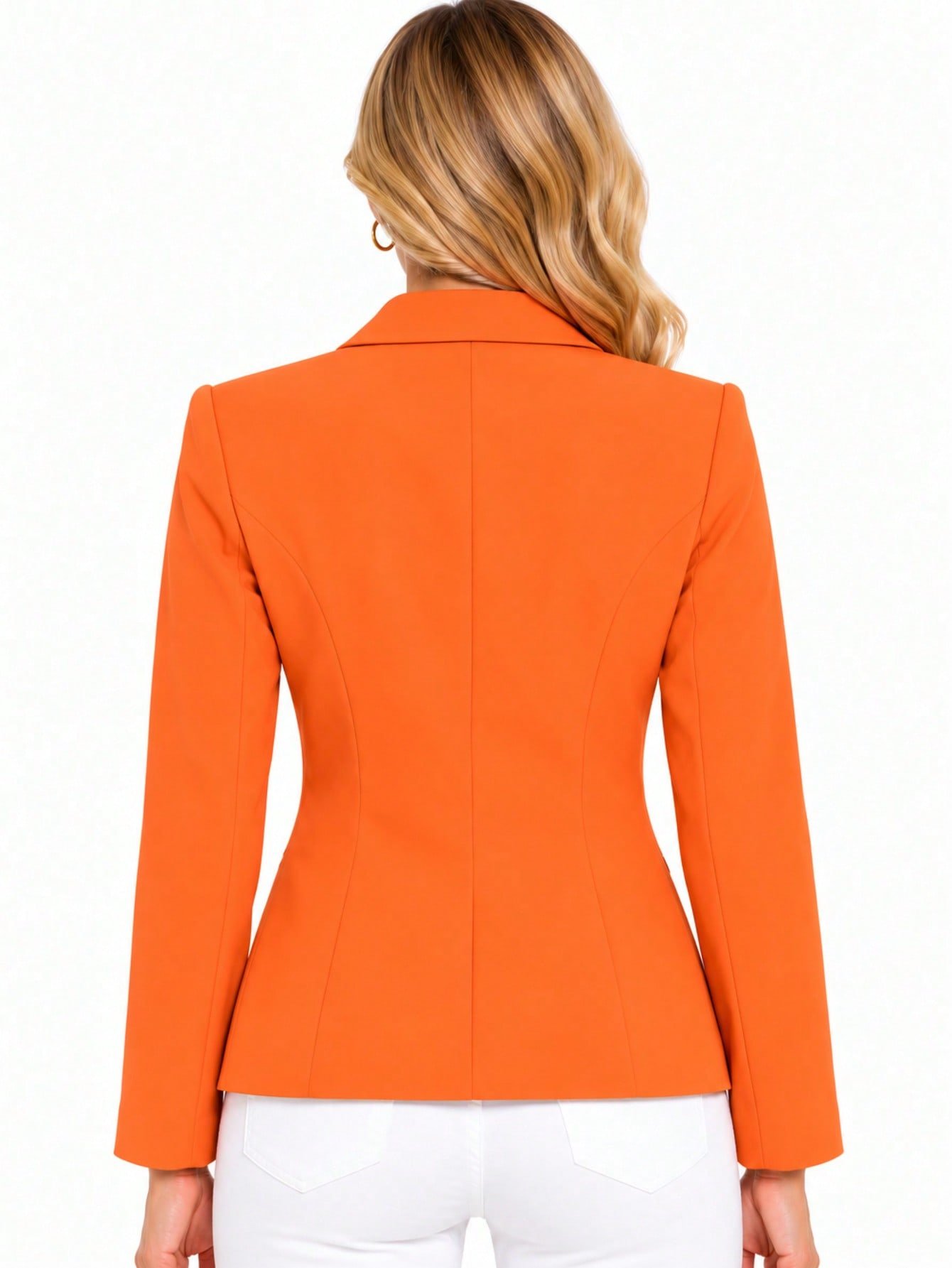 Women’s Elegant Orange Polyester Blazer With Collar Long Regular Sleeves And Button Details Perfect For Fall Casual Or Office Wear - Orange Red - Image 3