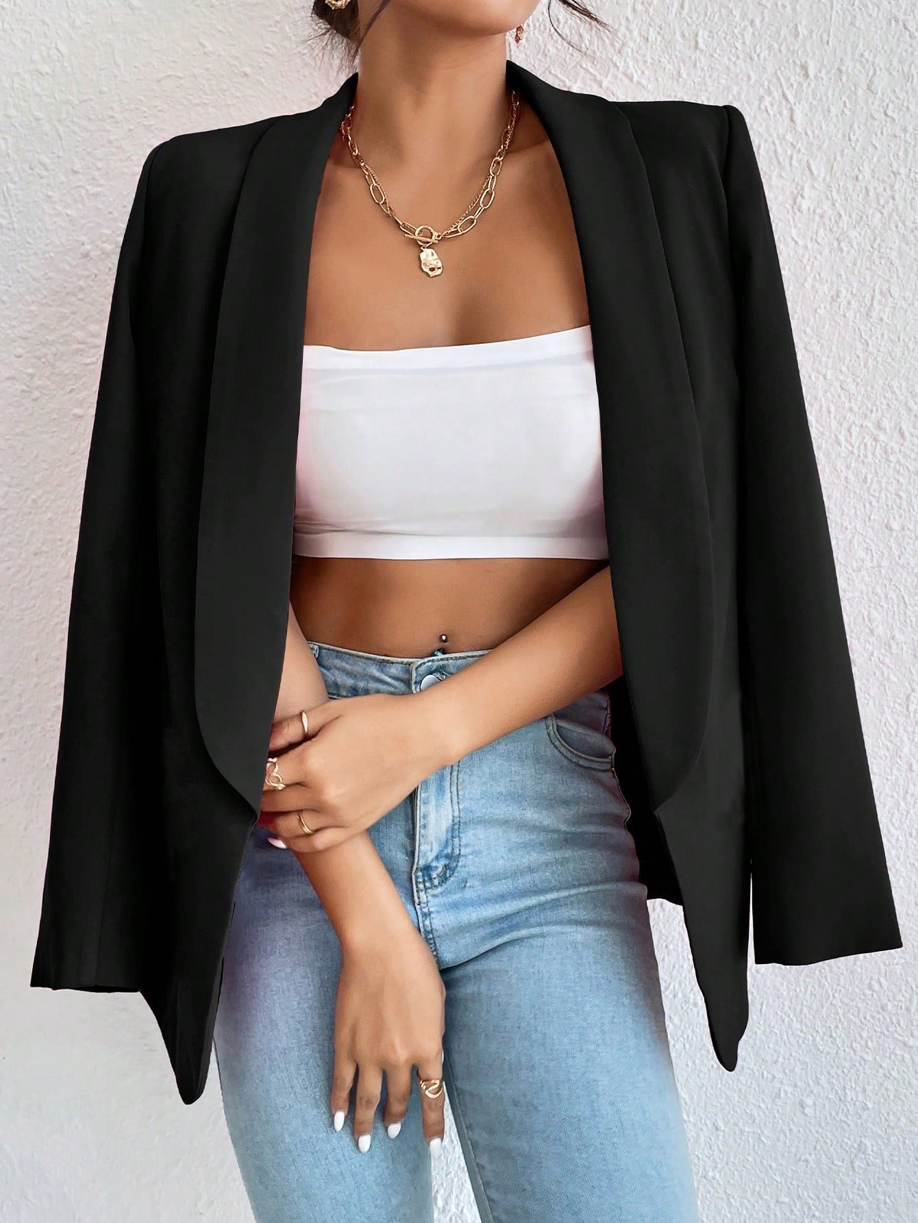 Black Unbuttoned Placket Green Fruit Collar Loose Casual Suit Jacket Spring And Autumn Commuting Workplace Light Mature Style Versatile Cardigan Suit - Black - Image 3