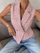 Serisse Women’s Elegant Casual Commute Office Business Plaid Sleeveless Blazer Dusty Pink Summer - Pink