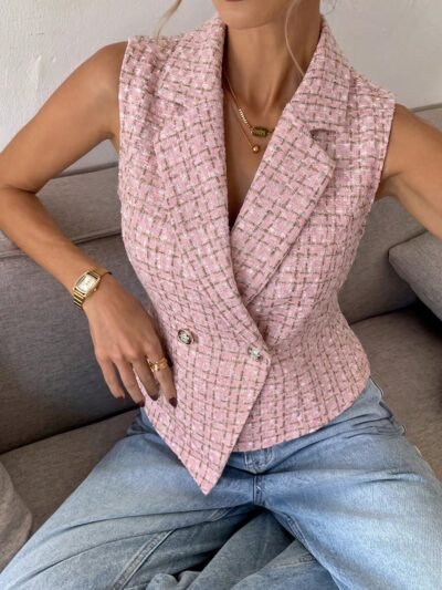 Serisse Women’s Elegant Casual Commute Office Business Plaid Sleeveless Blazer Dusty Pink Summer - Pink