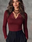 MIALILI Women’s Lace Detail Square Neck Long Sleeve Top - Burgundy