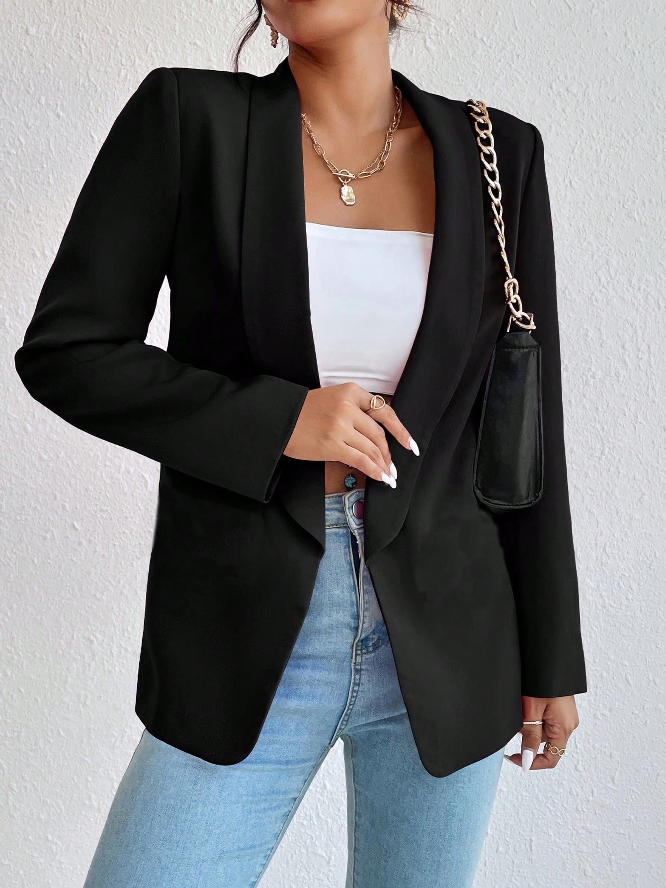 Black Unbuttoned Placket Green Fruit Collar Loose Casual Suit Jacket Spring And Autumn Commuting Workplace Light Mature Style Versatile Cardigan Suit - Black - Image 2