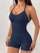 MIA&LILI Ruched Halter Crop Top & High-Waist Sculpting Shorts Set - Navy Blue