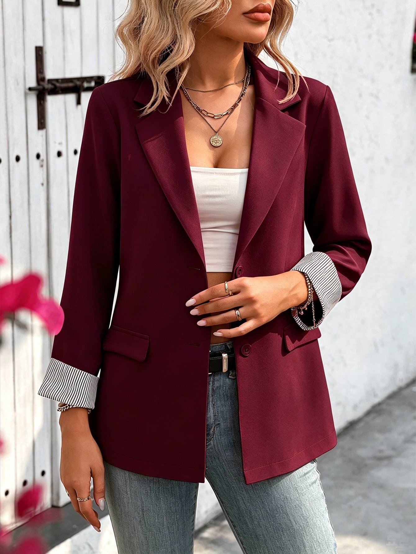 Eloum a Women’s Lapel Neck Long Sleeve Single Breasted Casual Blazer - Burgundy - Image 5