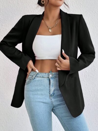 Black Unbuttoned Placket Green Fruit Collar Loose Casual Suit Jacket Spring And Autumn Commuting Workplace Light Mature Style Versatile Cardigan Suit - Black