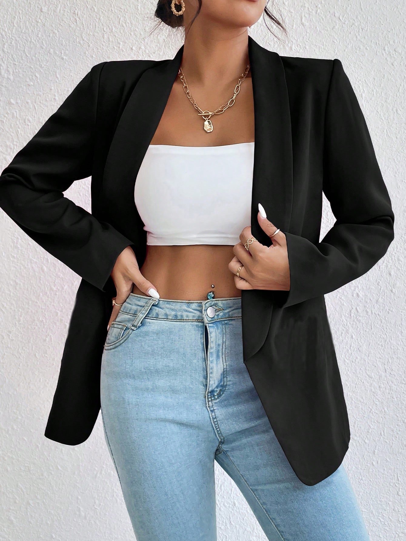Black Unbuttoned Placket Green Fruit Collar Loose Casual Suit Jacket Spring And Autumn Commuting Workplace Light Mature Style Versatile Cardigan Suit - Black