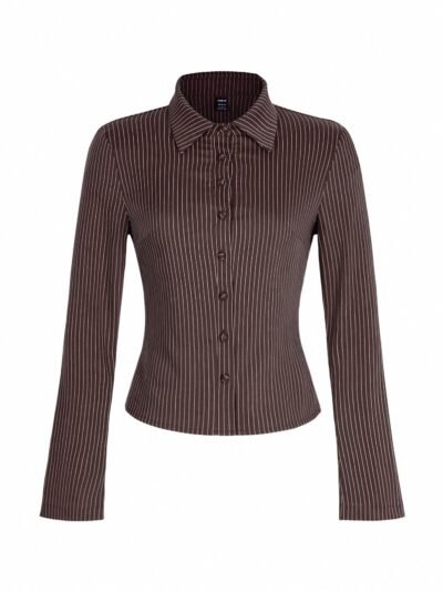 MIALILI Women’s Striped Slim Fit Long Sleeve Button Down Shirt - Brown
