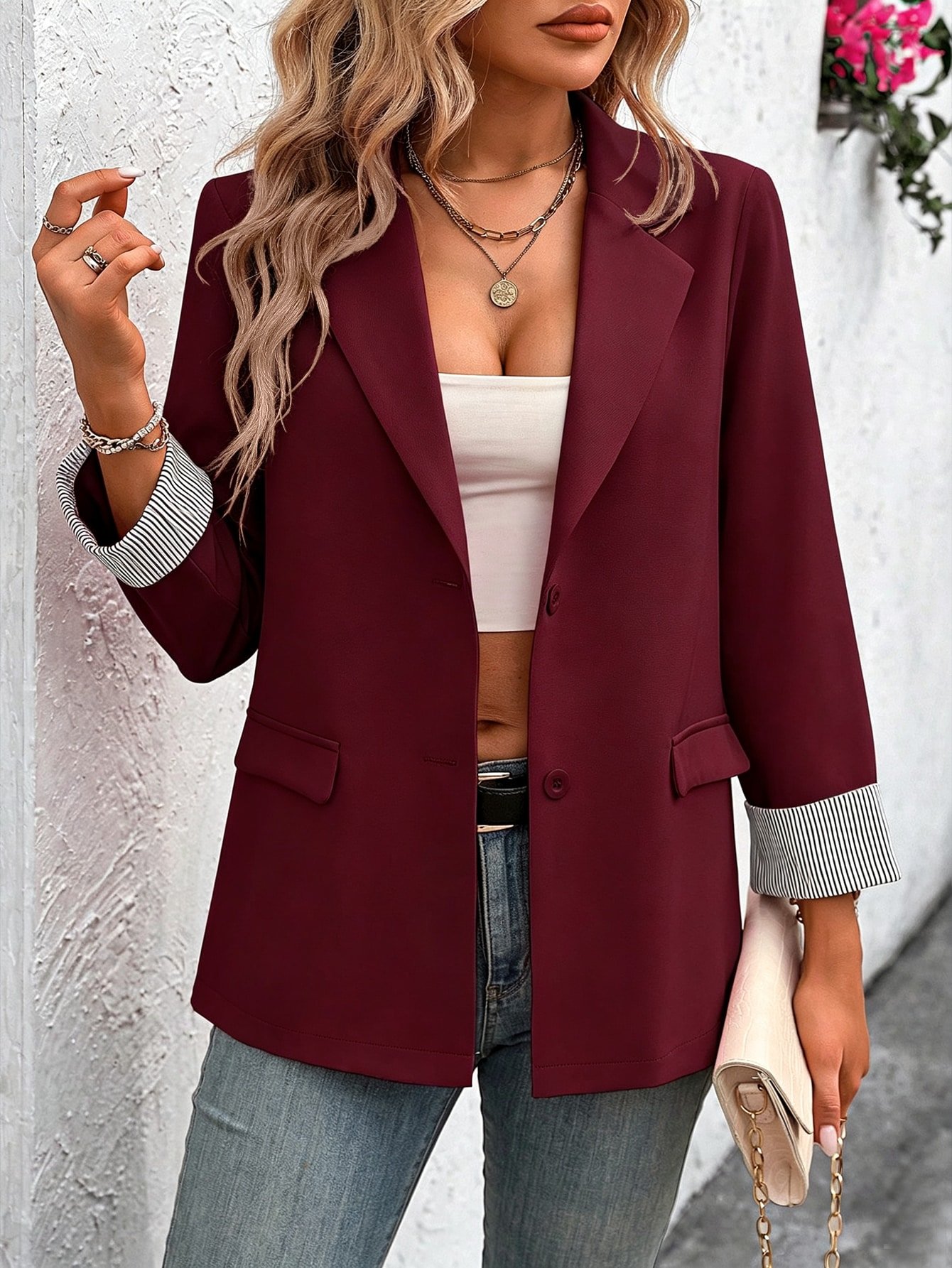 Eloum a Women’s Lapel Neck Long Sleeve Single Breasted Casual Blazer - Burgundy - Image 3