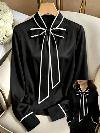 MIALILI Women’s Contrast Bow Tie Long Sleeve Blouse - Black and White